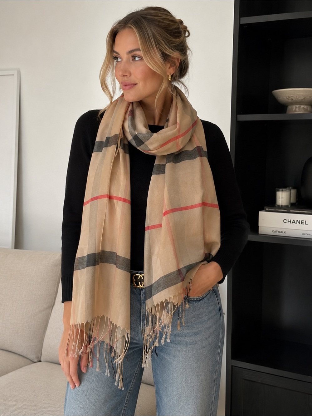 Beige Plaid Wrap Scarf with Black and Red Stripe Accents